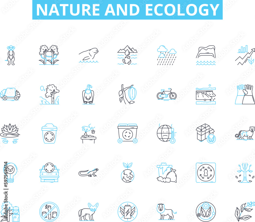 Nature and ecology linear icons set. Forest, River, Mountain, Wildlife, Ocean, Soil, Wilderness line vector and concept signs. Ecosystem,Sustainability,Biodiversity outline illustrations Nature and ecology linear icons set. Forest, River, Mountain, Wildlife, Ocean, Soil, Wilderness line vector and concept signs. Ecosystem,Sustainability,Biodiversity outline illustrations