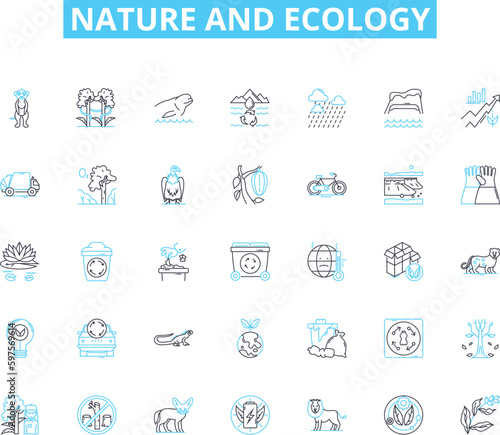 Nature and ecology linear icons set. Forest, River, Mountain, Wildlife, Ocean, Soil, Wilderness line vector and concept signs. Ecosystem,Sustainability,Biodiversity outline illustrations