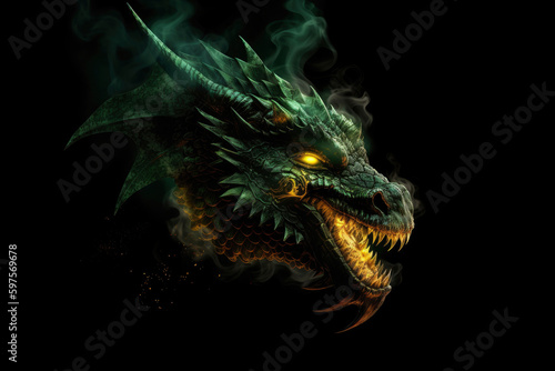 Illustration of green wooden fire breathing dragon head isolated on black background. Symbol of 2024. Chinese New Year. Dragon image. High definition. Generative AI, human enhanced © Sheremetio