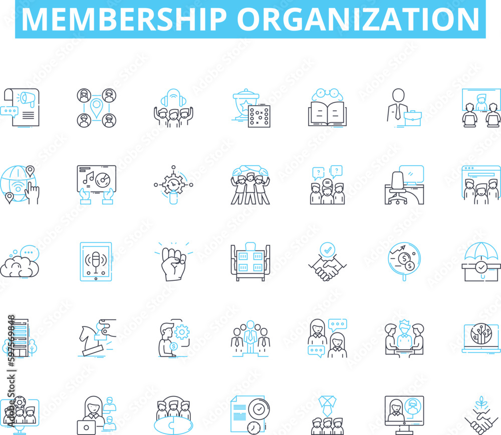 Membership organization linear icons set. Community, Association, Members, Nerk, Collaboration, Benefits, Support line vector and concept signs. Resources,Advocacy,Leadership outline illustrations