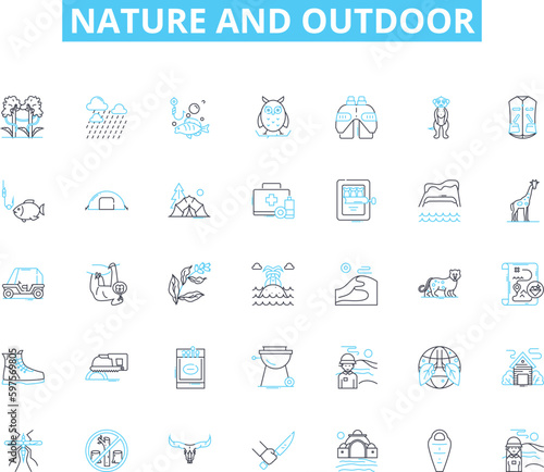 Nature and outdoor linear icons set. Wilderness, Mountains, Forests, Rivers, Oceans, Landscapes, Wildlife line vector and concept signs. Sunsets,Waterfalls,Hiking outline illustrations