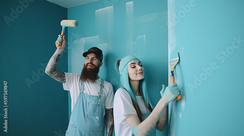 Casal em nova casa durante reparos pintando parede juntos. Família feliz segurando parede de pintura de rolo de pintura com tinta de cor azul na casa nova. Renovação de casa DIY renova o conceito de c photo