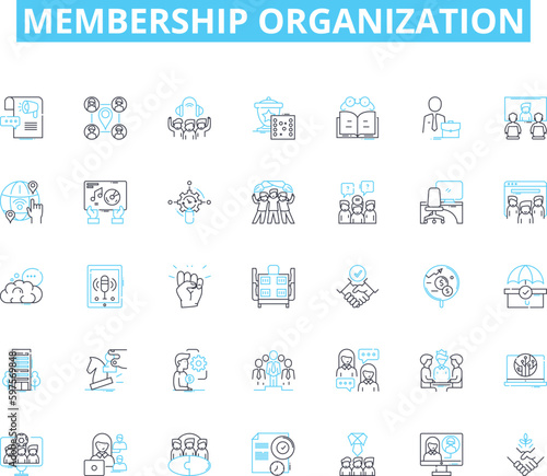 Membership organization linear icons set. Community, Association, Members, Nerk, Collaboration, Benefits, Support line vector and concept signs. Resources,Advocacy,Leadership outline illustrations