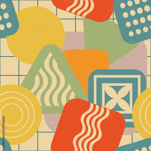 Seamless pattern with randomly placed abstract shapes. Vintage color scheme. Vector illustration