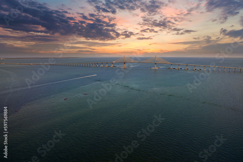 Photography Aerial view of Sunshine Skyway Bridge over Tampa Bay in Florida with moving traffic
