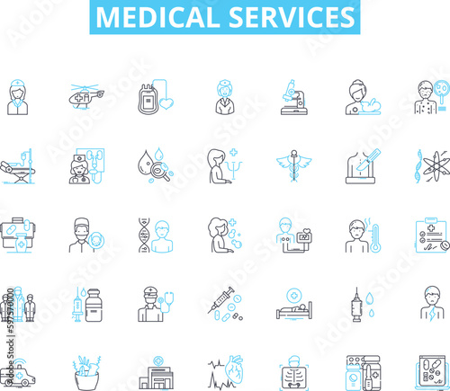 Medical services linear icons set. Diagnosis, Treatment, Healthcare, Rehabilitation, Preventive, Clinical, Therapy line vector and concept signs. Medication,Surgery,Emergency outline illustrations