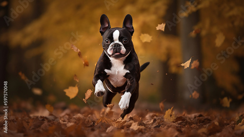 Boston terrier pulando entre as folhas de outono