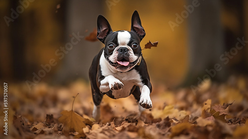 Boston terrier pulando entre as folhas de outono photo