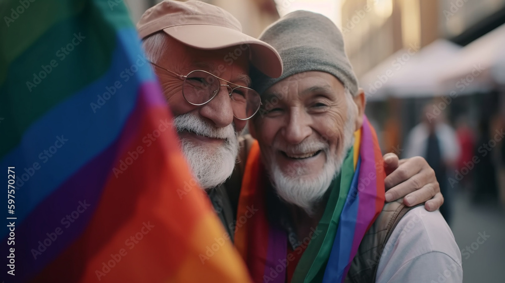 Happy smiling two older gay couple, celebrating pride month. LGBTQ community, support, gay pride month. Generative AI - obrazy, fototapety, plakaty 
