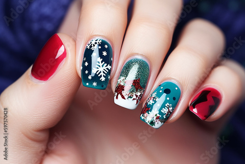 Christmas nail art manicure. Winter holiday style bright manicure design