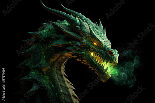 Illustration of green wooden fire breathing dragon head isolated on black background. Symbol of 2024. Chinese New Year. Dragon image. High definition. Generative AI, human enhanced