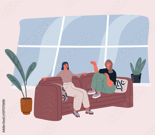 Vector illustration of women sitting on the sofa and chatting. Bestie