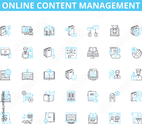 Online content management linear icons set. Publishing, Editing, Writing, Optimization, Analytics, Layout, Design line vector and concept signs. Workflow,Syndication,Collaboration outline