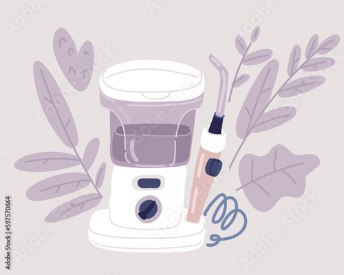 Vector illustration of Electric Oral Irrigator ads. Portable Water