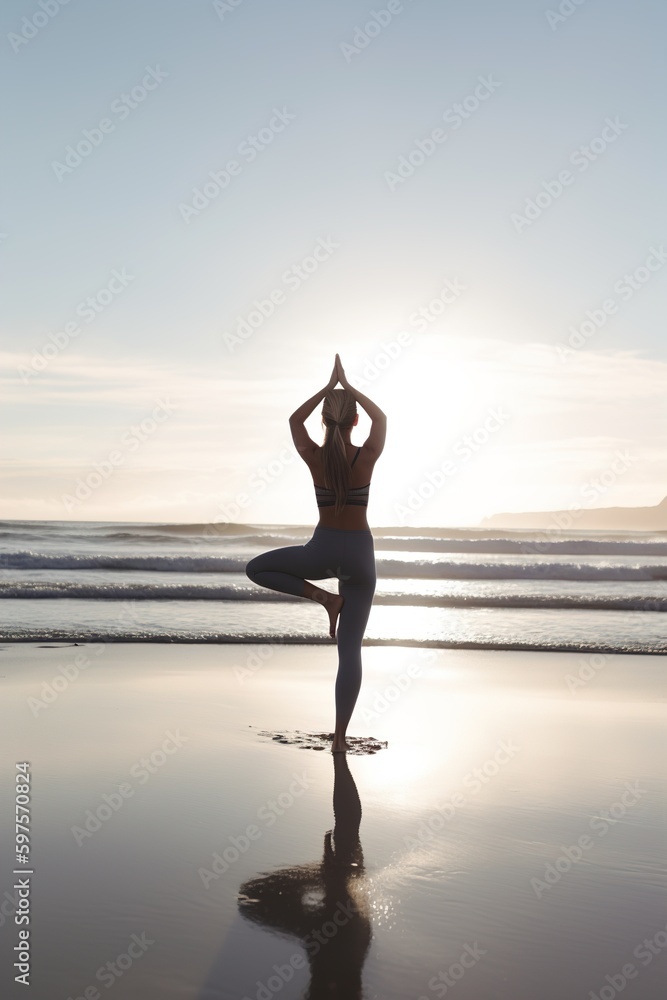a woman doing yoga on the beach. Generative ai