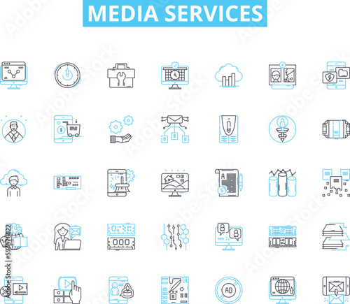 Media services linear icons set. Advertising, Broadcasting, Content, Distribution, Editing, Film, Graphics line vector and concept signs. Journalism,Marketing,Multimedia outline illustrations