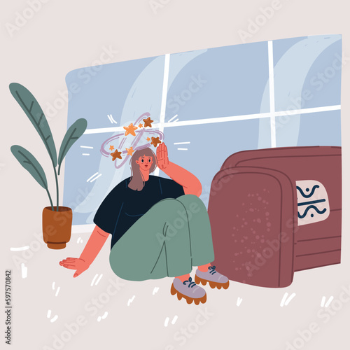 Vector illustration of Sick woman having dizzy symptom. Female feeling vertigo. Dizziness illness. Character sitting at the floor