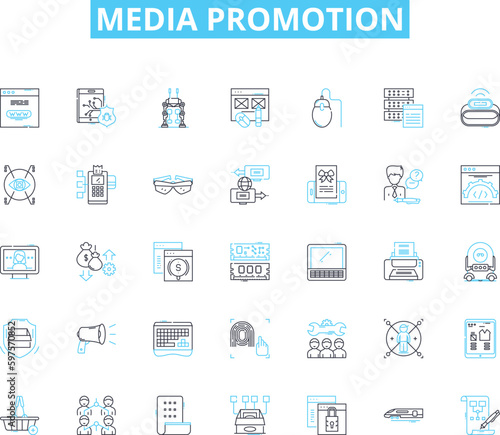 Media promotion linear icons set. Advertising, Broadcast, Publicity, Marketing, Outreach, Promotions, Exposure line vector and concept signs. Awareness,Campaigns,Communications outline illustrations