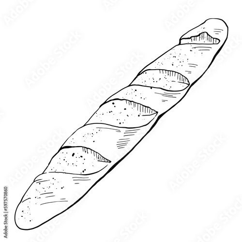 Graphic drawing of a bread product. Baguette for printing on the packaging of bakery products, bakeries, restaurants, website design, kitchen design printing. Line illustration vector. 