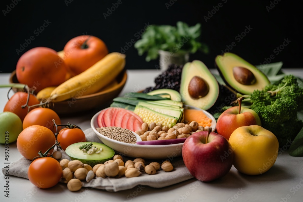Picture of health, organic food. Fruits including avocado arranged beautifully on plate or in bowl. Generative Ai. Picture of health, organic food. Fruits including avocado arranged beautifully on plate or in bowl. Generative Ai.