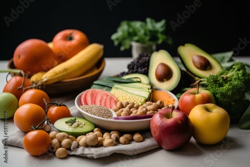 Picture of health  organic food. Fruits including avocado arranged beautifully on plate or in bowl. Generative Ai.