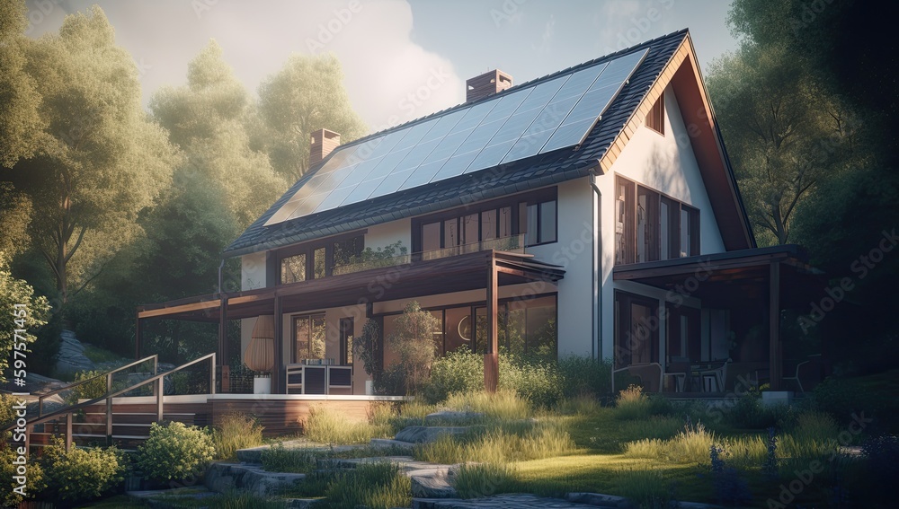 Modern house with solar panels on the roof. Sustainable and clean energy at home. Generative AI Modern house with solar panels on the roof. Sustainable and clean energy at home. Generative AI