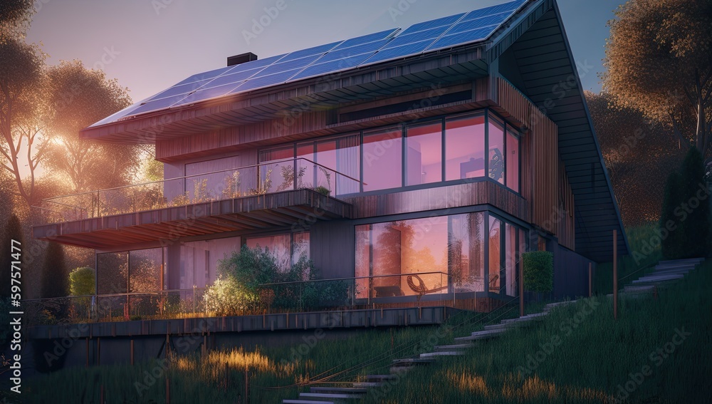 Modern house with solar panels on the roof. Sustainable and clean energy at home. Generative AI