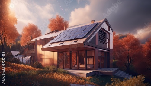 Modern house with solar panels on the roof. Sustainable and clean energy at home. Generative AI © Gelpi