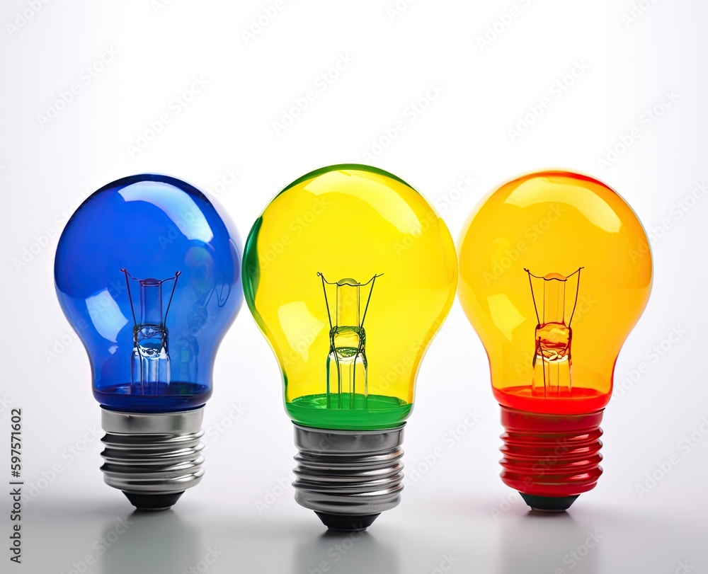 Colored light bulbs on a light background. Bright ideas concept. Generative AI Colored light bulbs on a light background. Bright ideas concept. Generative AI