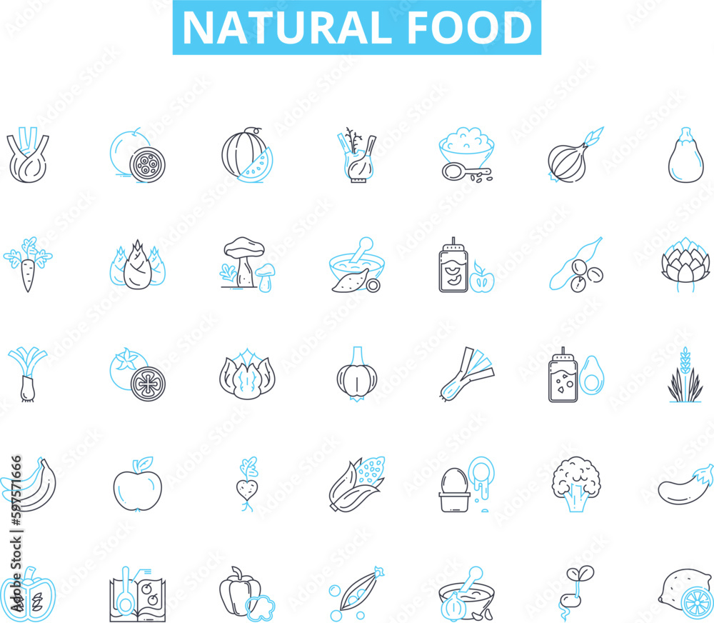 Natural food linear icons set. Organic, Whole, Fresh, Non-GMO, Sustainable, Locally-sourced, Grass-fed line vector and concept signs. Pasture-raised,Clean,Raw outline illustrations