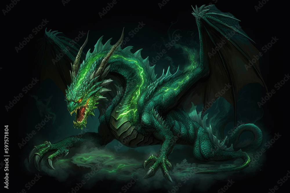 Full length green fire breathing dragon surrounded by flame and smoke isolated on black background. Symbol of 2024. Chinese New Year. Dragon image. High definition. Generative AI, human enhanced Full length green fire breathing dragon surrounded by flame and smoke isolated on black background. Symbol of 2024. Chinese New Year. Dragon image. High definition. Generative AI, human enhanced