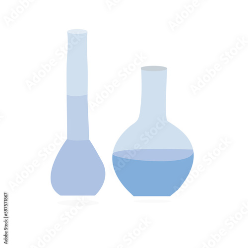 Laboratory glass bottle with blue liquid isolated on white background, flasks with liquid on table against color background. Laboratory analysis.