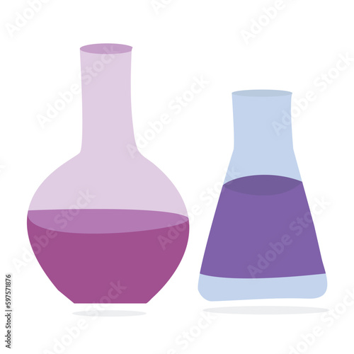 Colorful liquid filled round bottom flasks arranged in size order, colorful liquids, presented against a white background.