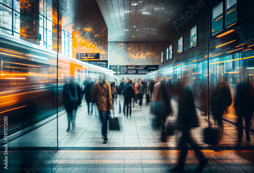 Blurred crowd people walking in train station. Generative AI
