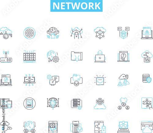 Network linear icons set. Connectivity, Collaboration, Sharing, Security, Efficiency, Performance, Bandwidth line vector and concept signs. Cloud,Integration,Infrastructure outline illustrations