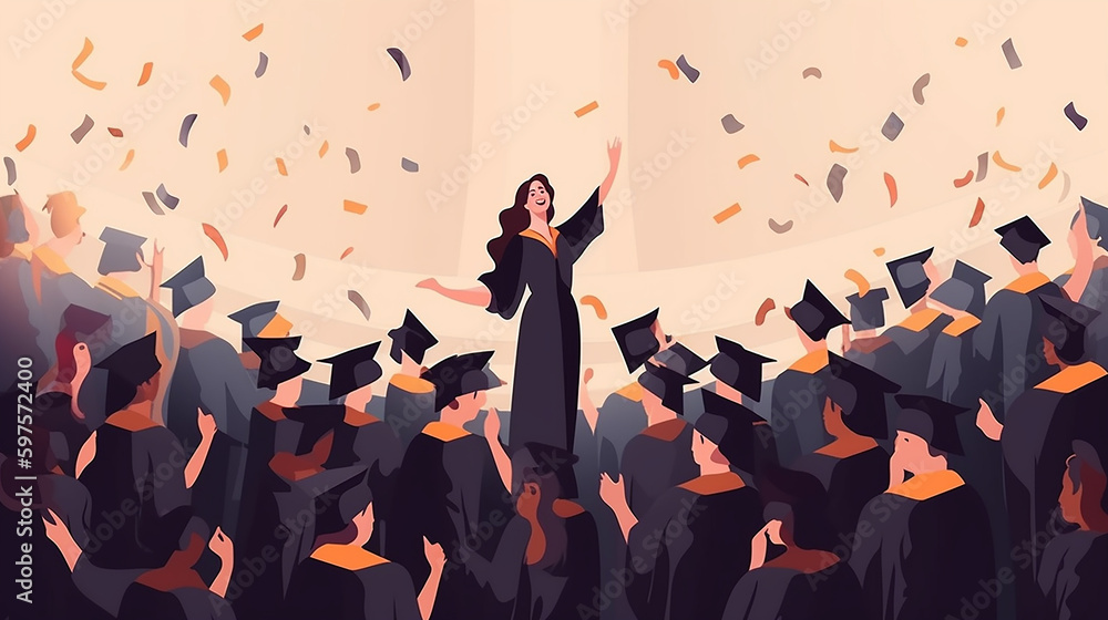 Garota graduada em manto e boné quadrado acadêmico no fundo da alegre multidão de graduados jogando seus bonés quadrados acadêmicos. Cerimônia de formatura. ilustração vetorial Garota graduada em manto e boné quadrado acadêmico no fundo da alegre multidão de graduados jogando seus bonés quadrados acadêmicos. Cerimônia de formatura. ilustração vetorial