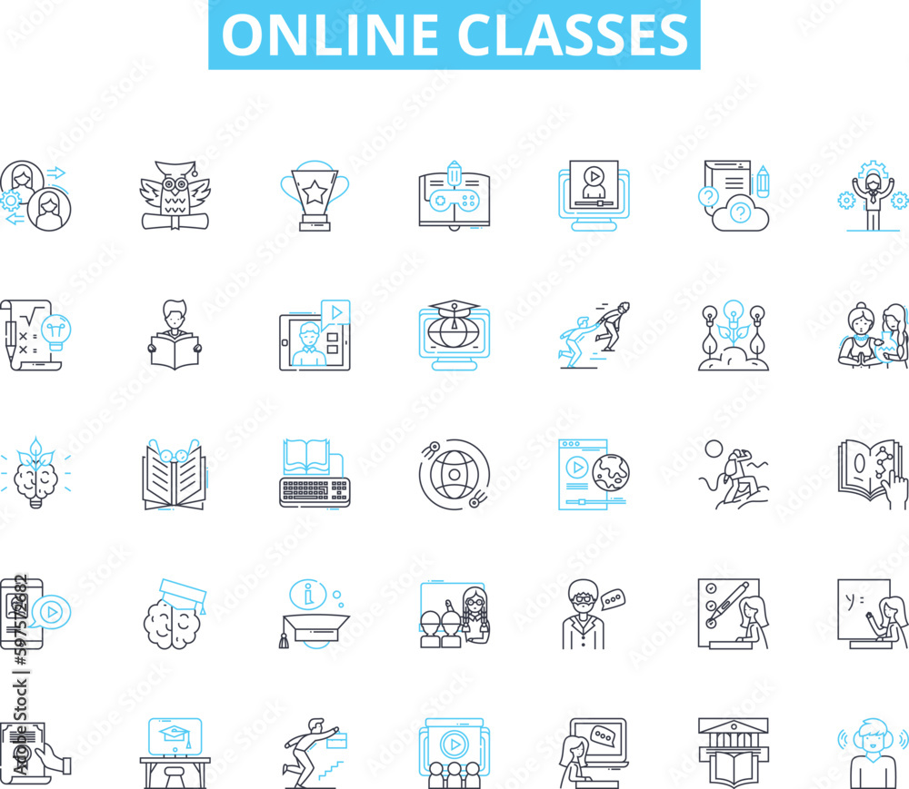Online classes linear icons set. Virtual, Remote, Digital, E-learning, Web-based, Teleconferencing, Cyberlearning line vector and concept signs. Internet-based,Distance,Webinars outline illustrations Online classes linear icons set. Virtual, Remote, Digital, E-learning, Web-based, Teleconferencing, Cyberlearning line vector and concept signs. Internet-based,Distance,Webinars outline illustrations