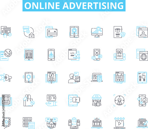 Online advertising linear icons set. PPC, Impressions, Clicks, CTR, Analytics, Banners, Retargeting line vector and concept signs. Conversion,Keywords,SEO outline illustrations
