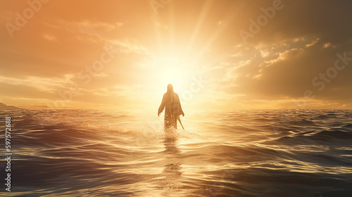 Jesus cristo consciência humana conectada ao sol entrando no mar