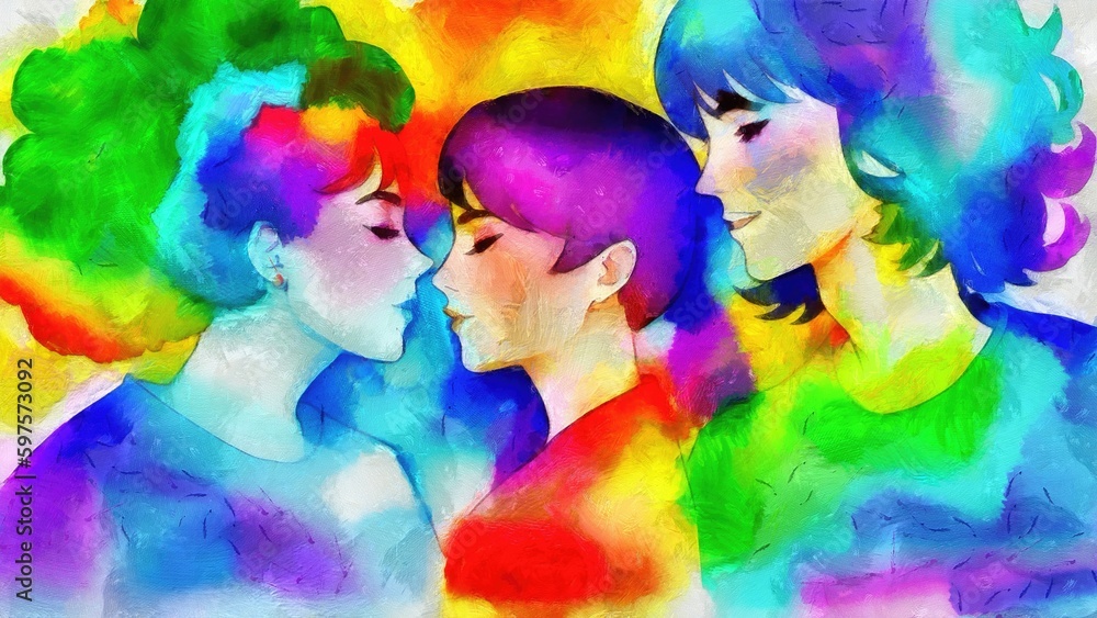 Illustration of a group of young people. Multicolored background.