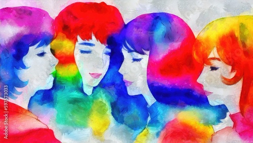 Fototapeta Naklejka Na Ścianę i Meble -  Group of young lgbt people in love. Digital painting. Illustration. Rainbow colors. Pride