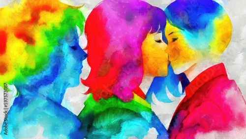 Fototapeta Naklejka Na Ścianę i Meble -  Illustration of a group of young lgbt in love or friends people. Multicolored background. Rainbow colors. LGBTQ+ pride