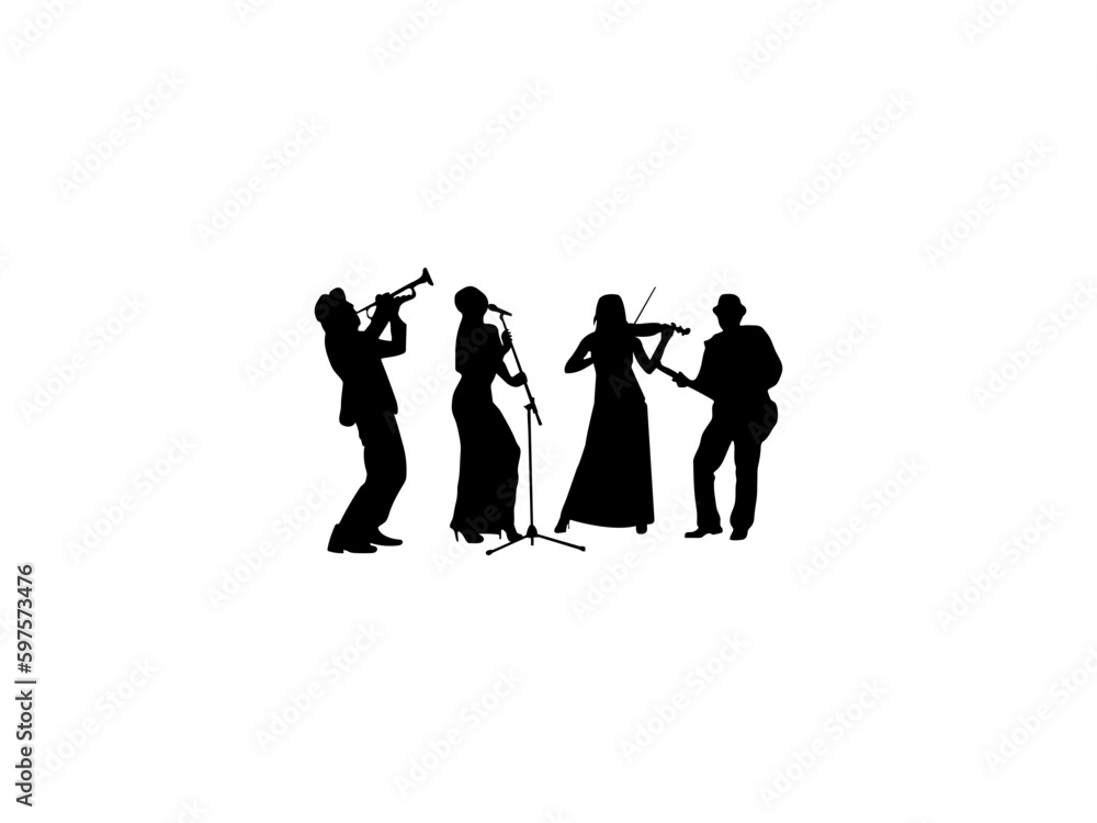 Musicians Silhouettes. Vector illustration. Silhouettes of street musicians playing instruments. Musicians vector silhouettes.