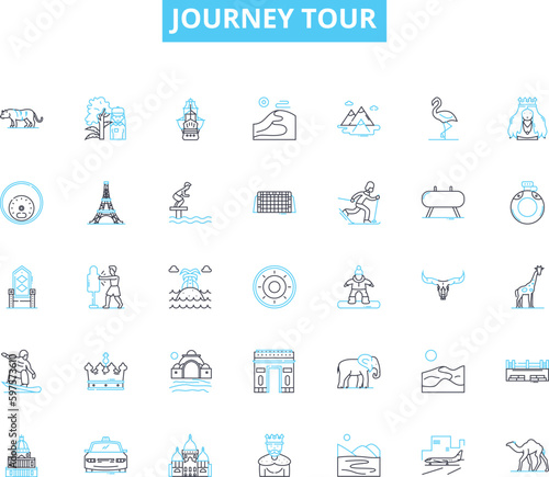 Journey tour linear icons set. Trek, Adventure, Expedition, Excursion, Odyssey, Safari, Jaunt line vector and concept signs. Voyage,Pilgrimage,Roaming outline illustrations