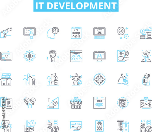 IT development linear icons set. Coding, Programming, Debugging, Testing, Deployment, Integration, Agile line vector and concept signs. Database,Cybersecurity,Cloud outline illustrations