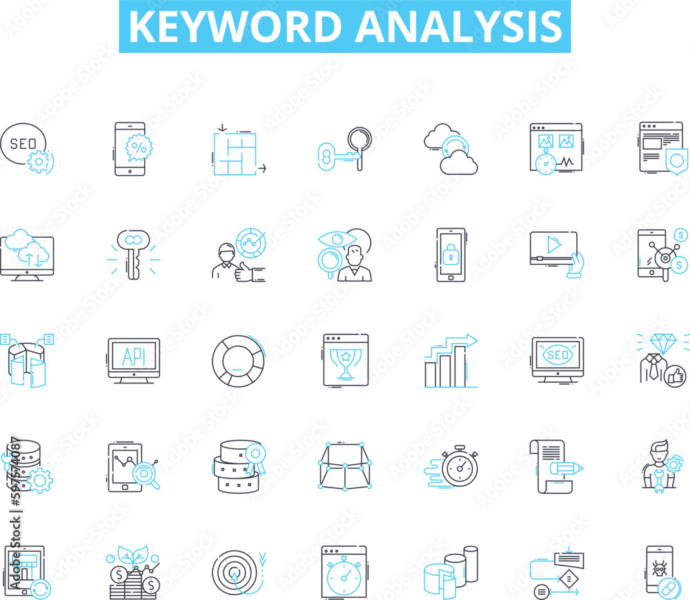 Keyword analysis linear icons set. Metrics, Research, Strategy, Rank, Competition, Optimization, Algorithm line vector and concept signs. Keywords,Traffic,Targeting outline illustrations