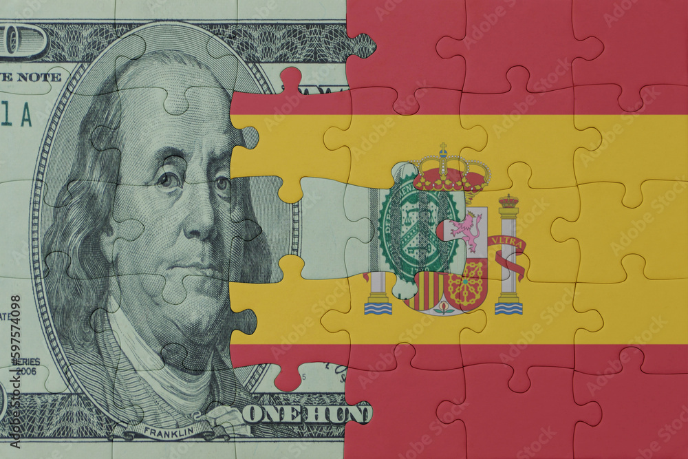 puzzle with the national flag of spain and dollar money banknote. macro.concept.