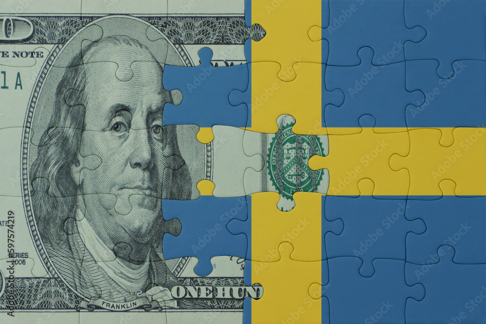 puzzle with the national flag of sweden and dollar money banknote. macro.concept.