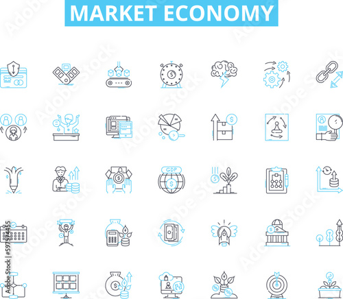 Market economy linear icons set. Profit, Competition, Demand, Supply, Free-market, Capitalism, Consumption line vector and concept signs. Entrepreneurship,Innovation,Efficiency outline illustrations