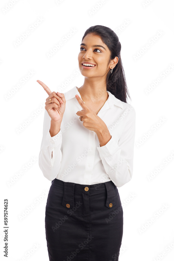 Happy young business woman pointing isolated on white. Happy young business woman pointing isolated on white.